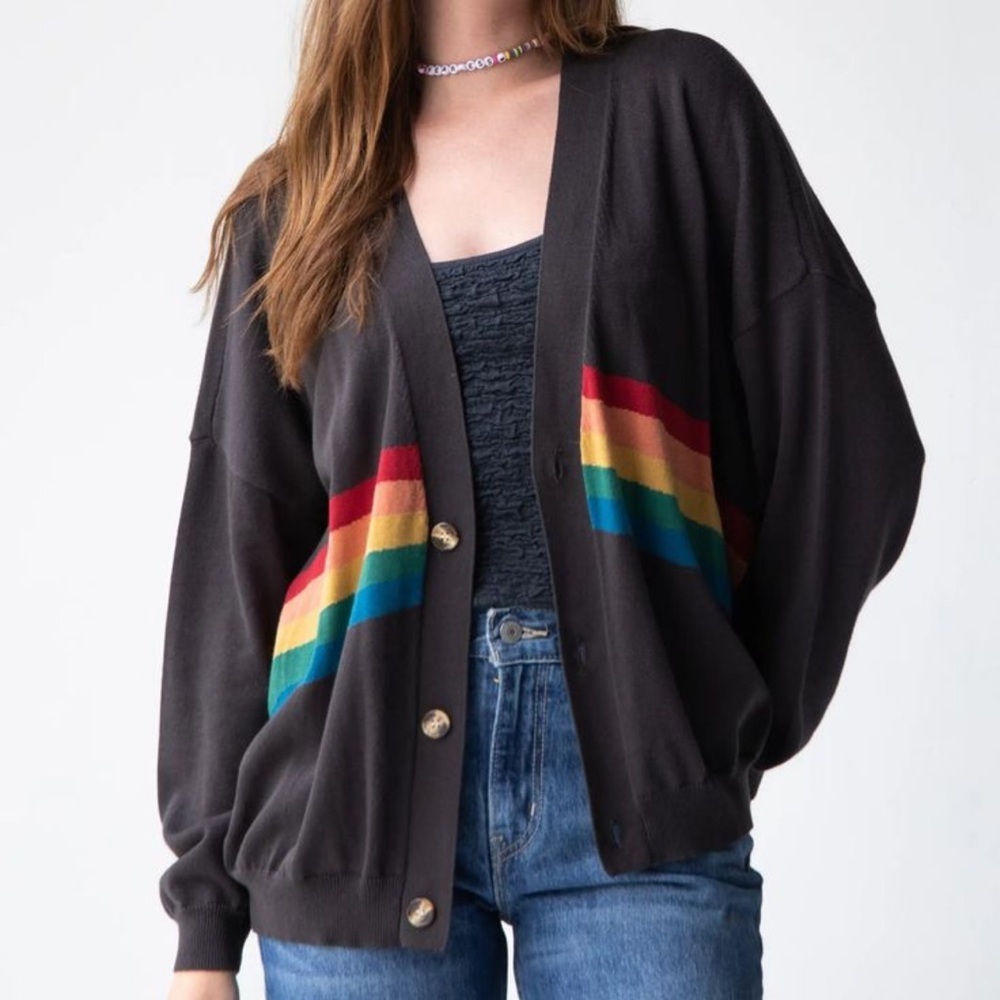 Natural Life Happy Rainbow Stripe Black/ Brownish Cardigan- size L/XL